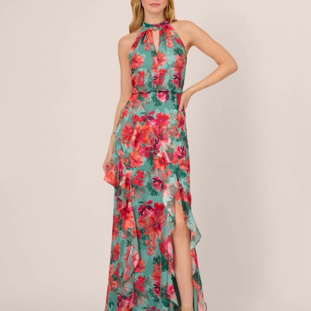 Adrianna Papell Floral High Low Halter Maxi Dress Keyhold Neckline Sz 12